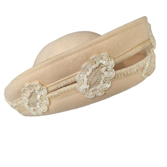 Deborah NY 70s White Wool Crown Hat Embellish Beaded Sequined Applique Womens OS - Picture 7 of 10